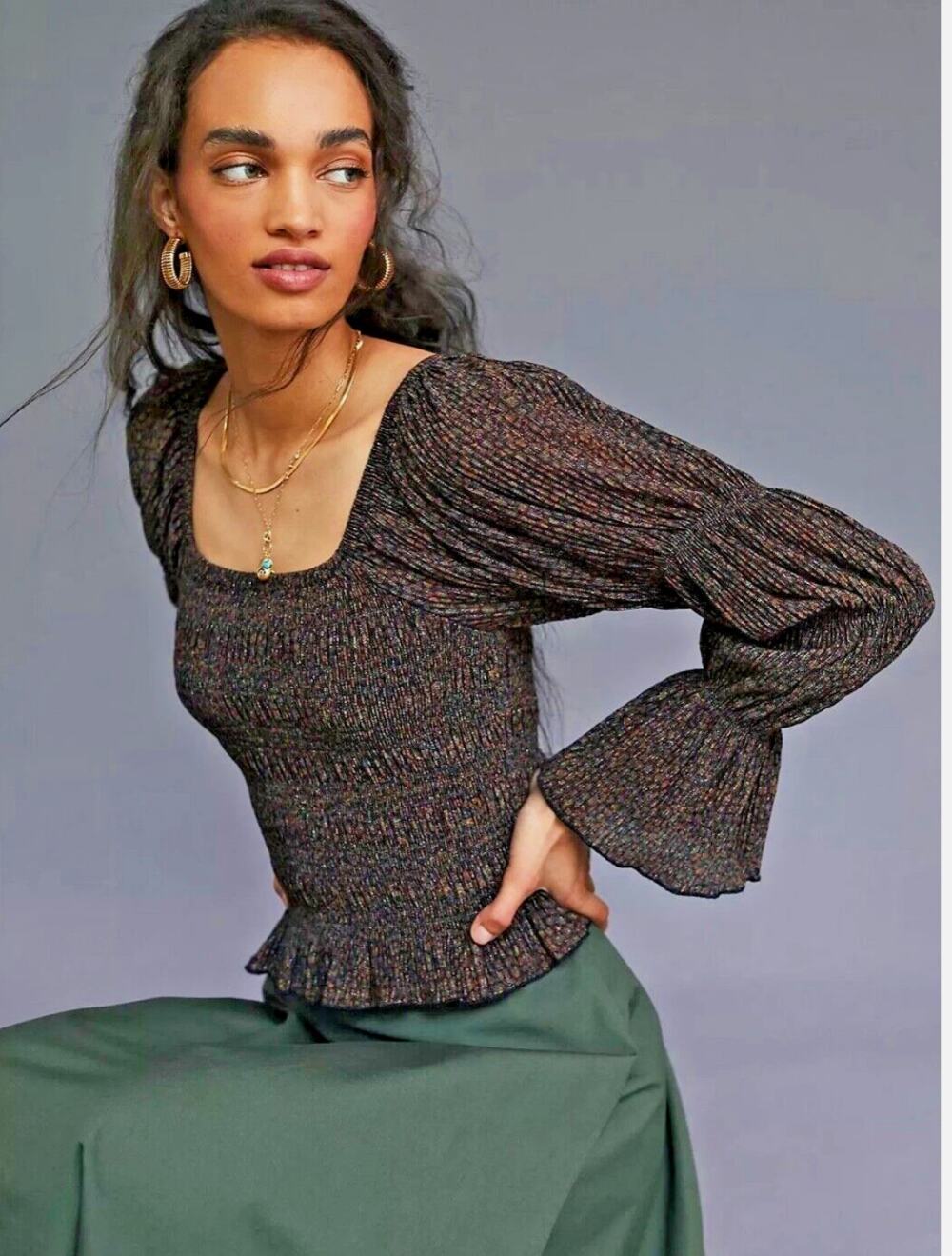 Anthropologie bishop sleeve puff bell smocked top blouse metallic black brown S